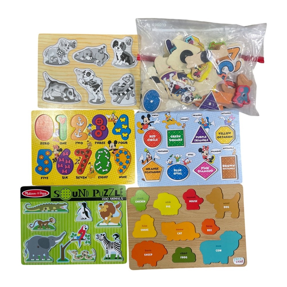 Melissa Doug Disney Wooden Puzzle Lot 5pc Mickey Mouse Zoo Farm Animals Numbers